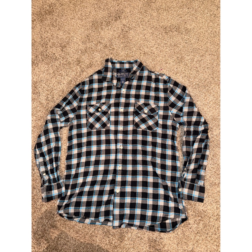 American Rag Mens Large Flannel Shirt Blue Black White Plaid Long Sleeve Cotton